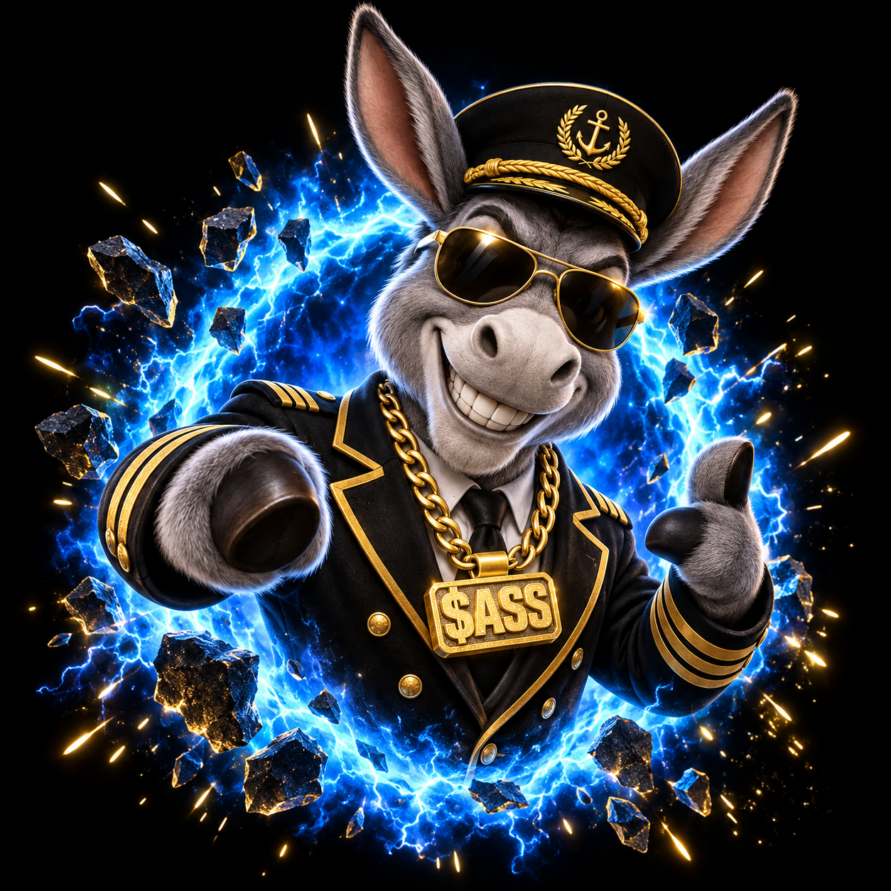 Atomic A$$ donkey captain wearing gold sunglasses, emerging from an electric-blue atomic portal